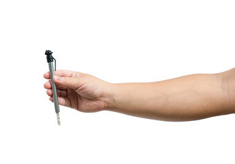 Isolated hand holding a tire pressure gauge