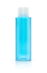 Blue bottle cosmetic packaging of toner isolated on white backgr