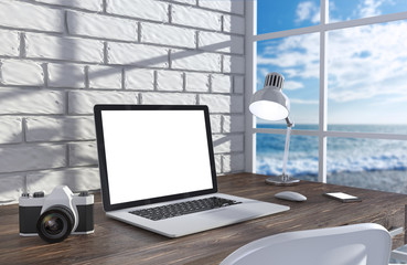 Fototapeta premium 3D illustration laptopand work stuff on table near brick wall