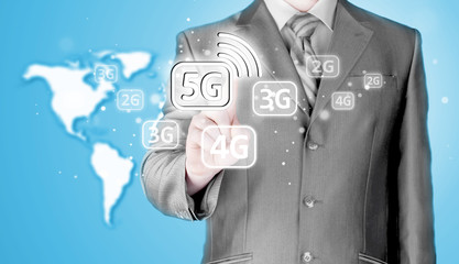 businessman holding in hand 5G, technology background