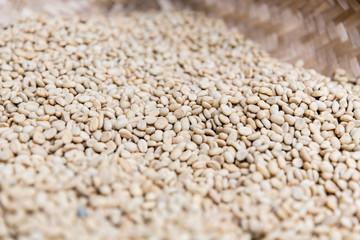 close up of unroasted coffee beans in basket