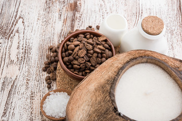 coffee beans, Spa stuff with candles in coconut