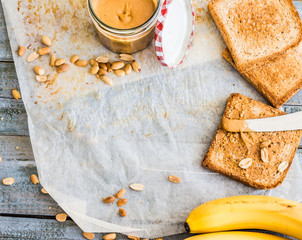 crispy toast with peanut butter, bananas, breakfast, top view