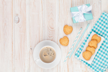 Coffee, heart shaped cookies and gift box