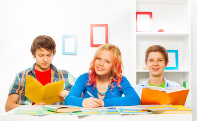 Boys and girl do homework together at home