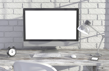 Fototapeta premium 3D illustration PC screen on table near brick wall Workspace