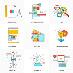 Flat line icons set of  Tehnology and Development
