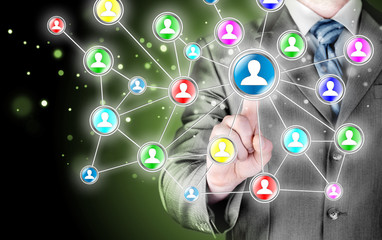 man hand pressing social media icon