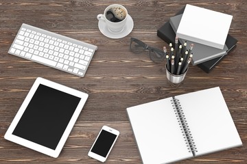 laptop and office stuff, workplace, top view