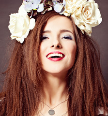 Joyful Fashion Model Woman with Makeup