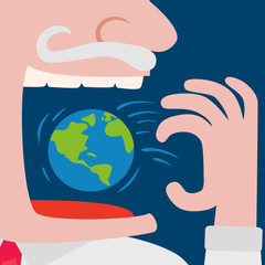 Naklejka premium Greedy businessman eating the world planet