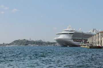 Fototapeta na wymiar Cruise liner in gulf Gold Horn. Istanbul, Turkey