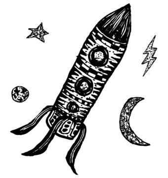 Comic Rocket Ship Hand Drawn