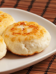 Homemade cottage cheese pancakes, selective focus