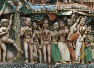 Group of naked women statues on Sarangapani temple Gopuram.