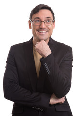 handsome man in black suit and glasses thinking