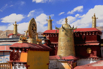 Dhvajas-dharmachakra on rooftop. Jokhang-Lhasa-Tibet. 1424