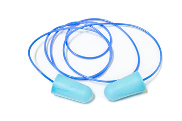 blue ear plugs on white background
