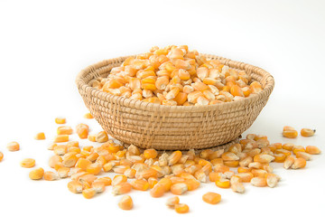 Corn seed on wooden dish isolated