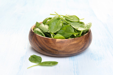 Spinach leaves in a wooden plate