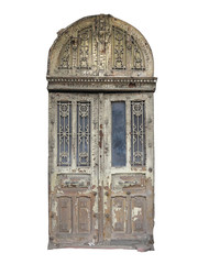 Old brown vintage wooden door with decoration isolated