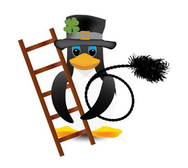 Obraz premium Penguin chimney sweep with ladder and brush
