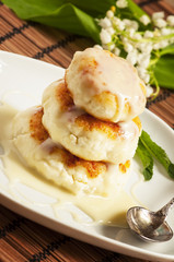 Homemade cottage cheese pancakes with white sauce, selective foc