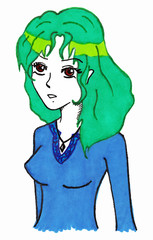 Green hair young girl in blue dress anime manga cartoon