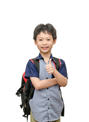 Asian schoolboy with backpack smiles and show thumb up