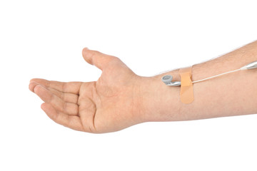 Hand with earphones like medical IV infusion