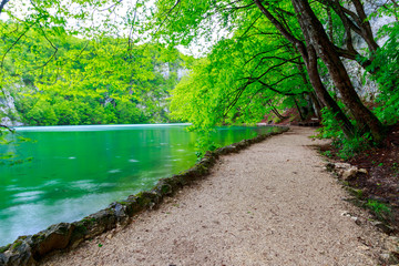 Path near a forest lake in Plitvice Lakes National Park