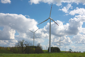 wind turbine landscape blue sky green grass