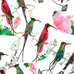 Watercolor birds seamless pattern.