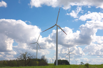 wind turbine landscape blue sky green grass