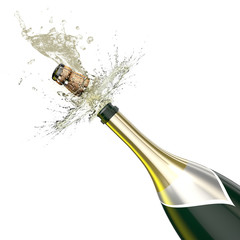 Opened bottle with foaming champagne close-up. © Yabresse