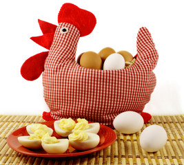 Handmade chicken and plate with boiled eggs