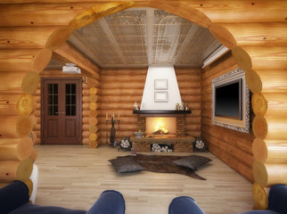 3d rendering of a living room in the house from logs - obrazy, fototapety, plakaty