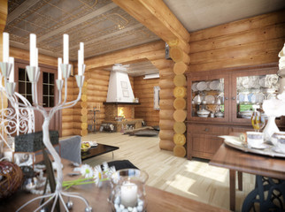 3d rendering of a living room in the house from logs