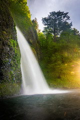 Horsetail Falls at sunset, in the Columbia River Gorge, Oregon.