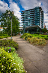 Walkway and building at the South Waterfront Park, in Portland,