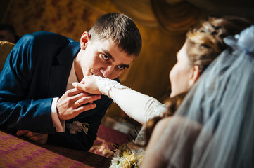 Love you honey.  Newly wed couple drinking cappuccino in cafe