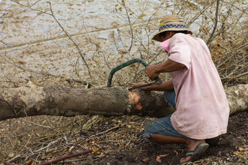 Man sawing wood by hand