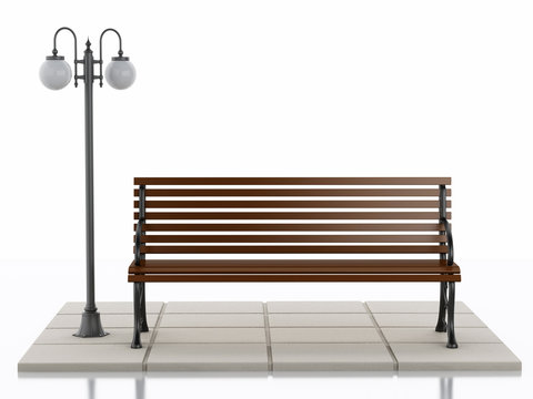 3d Bench And Street Lamp On White Background