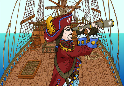 Background With Black Beard Pirate Captain On Ships Deck