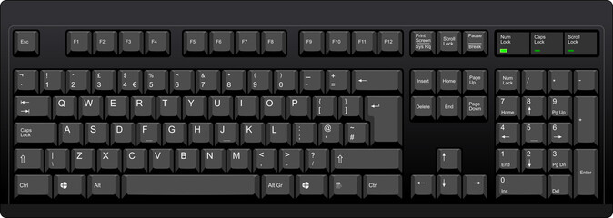 Black qwerty keyboard with UK english layout - obrazy, fototapety, plakaty
