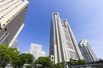 Fototapeta premium 東京都庁と新宿高層ビル群 快晴青空 新緑