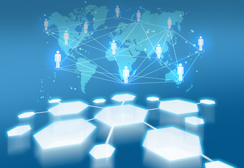 icons of silhouettes people and hexagonal shape united by a