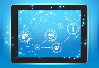 Tablet with icons on the screen interconnected points
