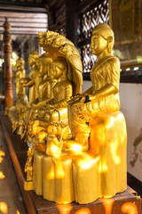 Golden buddha statues in various actions