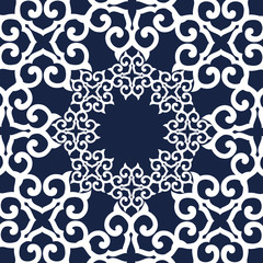 Blue background, white ornament.